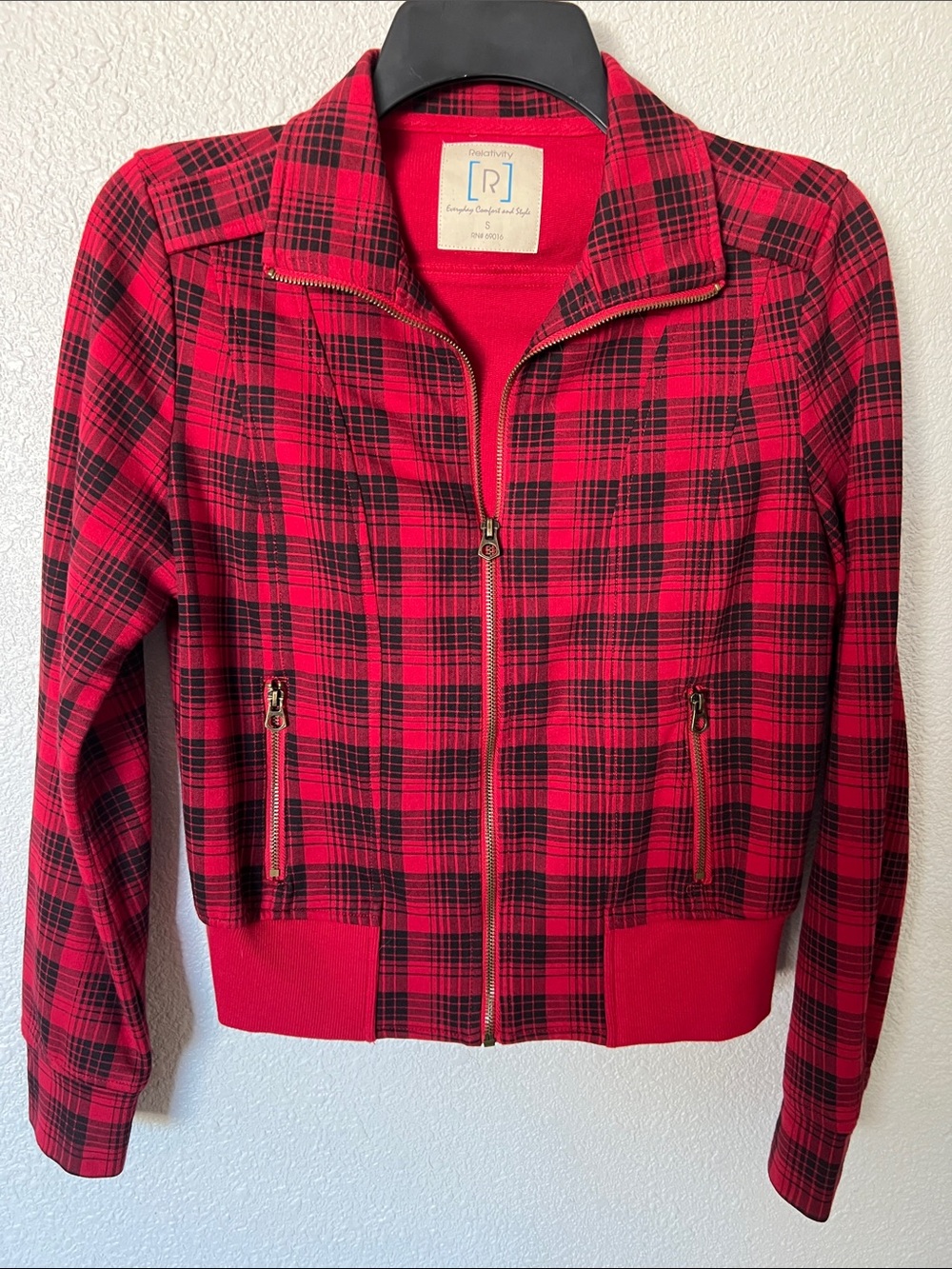 Relativity Red & Black Plaid Zip Bomber Jacket